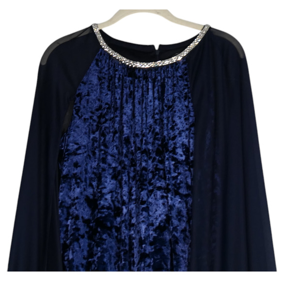 RM Richards Maxi Velour Velvet Dress Women 12 Blue Attached Cape Evening Elegant - Picture 3 of 13